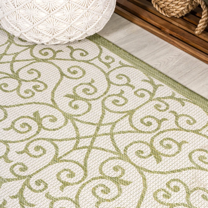 Madrid Vintage Filigree Textured Weave Green/Cream 2 ft. x 8 ft. Indoor/Outdoor Runner Rug