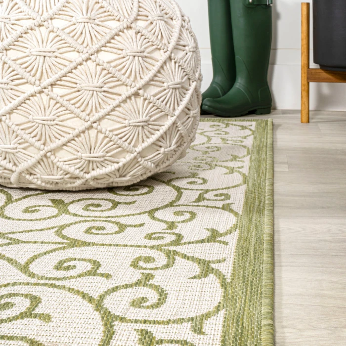 Madrid Vintage Filigree Textured Weave Green/Cream 2 ft. x 8 ft. Indoor/Outdoor Runner Rug