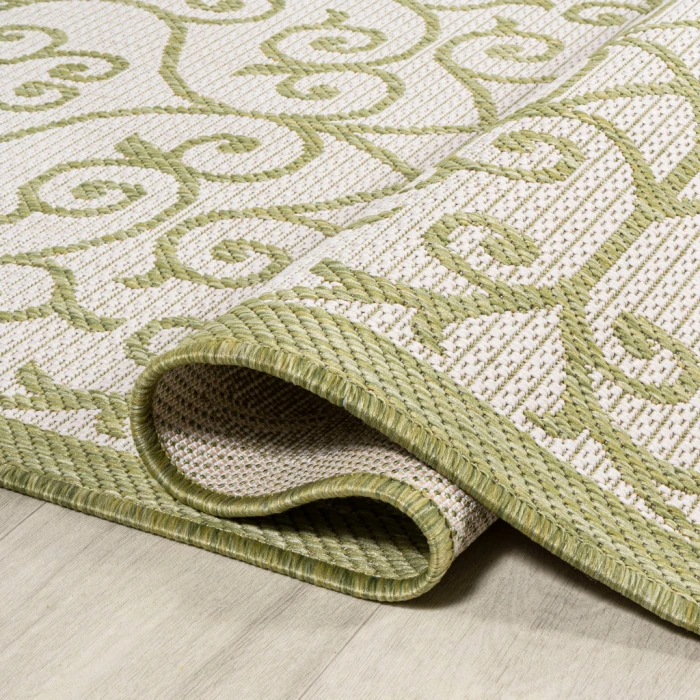 Madrid Vintage Filigree Textured Weave Green/Cream 2 ft. x 8 ft. Indoor/Outdoor Runner Rug