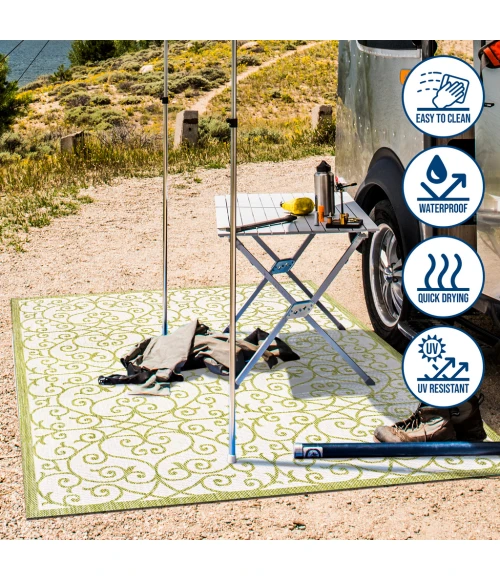 Madrid Vintage Filigree Textured Weave Green/Cream 5' Round Indoor/Outdoor Area Rug