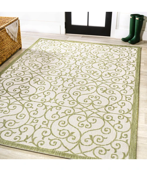 Madrid Vintage Filigree Textured Weave Green/Cream 3 ft. x 5 ft. Indoor/Outdoor Area Rug