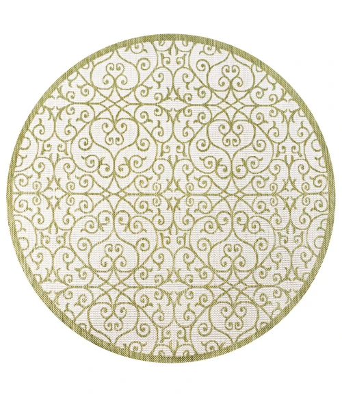 Madrid Vintage Filigree Textured Weave Green/Cream 5' Round Indoor/Outdoor Area Rug