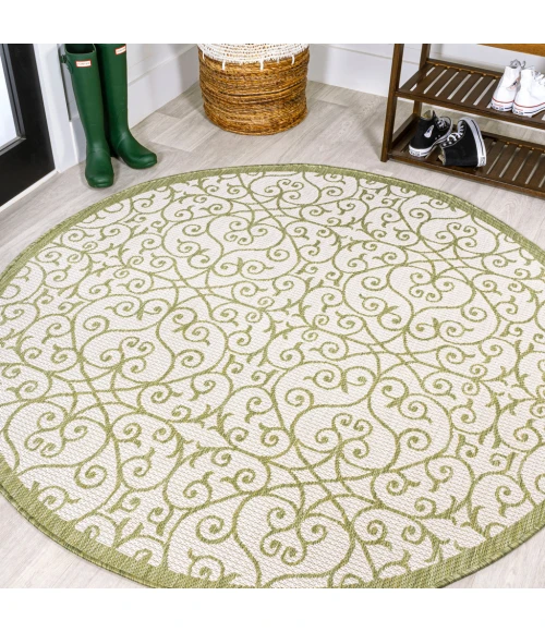 Madrid Vintage Filigree Textured Weave Green/Cream 5' Round Indoor/Outdoor Area Rug