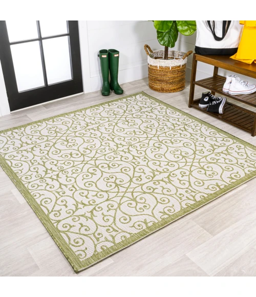 Madrid Vintage Filigree Textured Weave Green/Cream 5' Square Indoor/Outdoor Area Rug