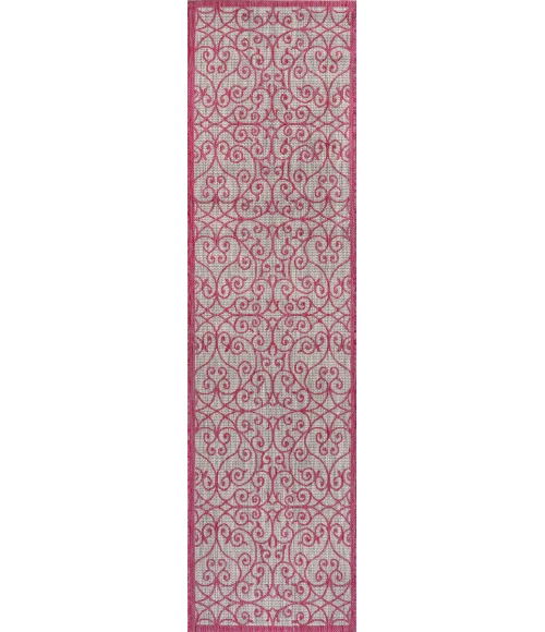 Madrid Vintage Filigree Textured Weave Light Gray/Fuchsia 2 ft. x 8 ft. Indoor/Outdoor Runner Rug