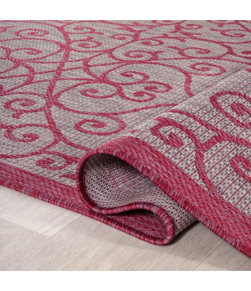 Madrid Vintage Filigree Textured Weave Light Gray/Fuchsia 2 ft. x 8 ft. Indoor/Outdoor Runner Rug