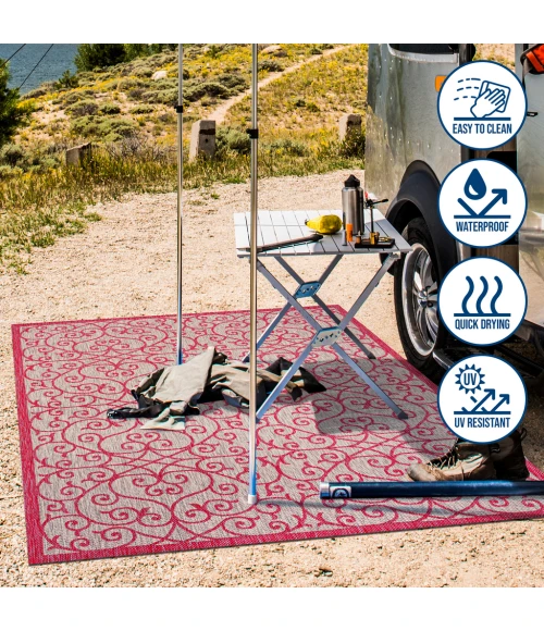 Madrid Vintage Filigree Textured Weave Light Gray/Fuchsia 2 ft. x 8 ft. Indoor/Outdoor Runner Rug