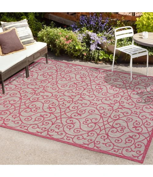 Madrid Vintage Filigree Textured Weave Light Gray/Fuchsia 9 ft. x 12 ft. Indoor/Outdoor Area Rug