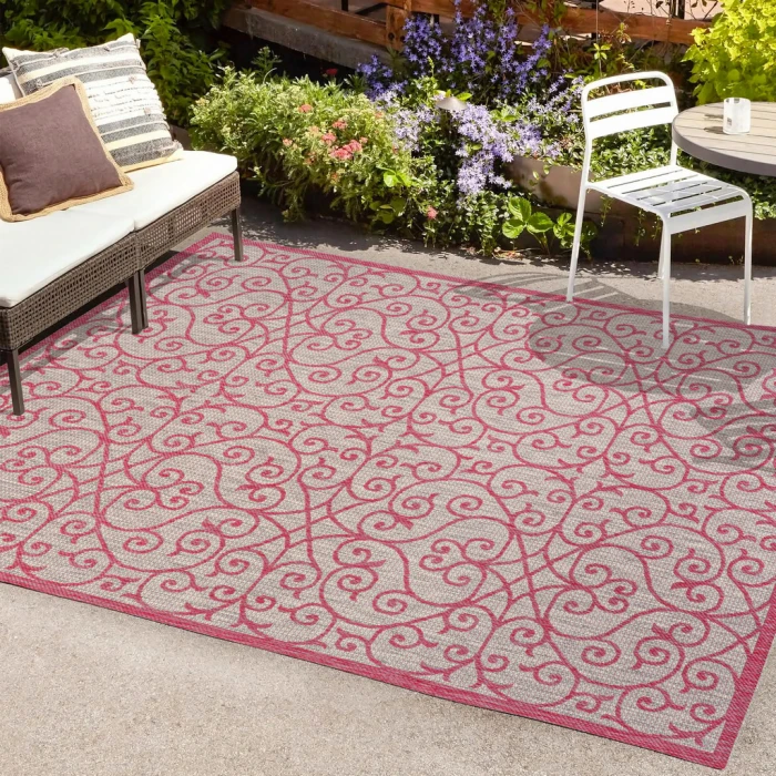 Madrid Vintage Filigree Textured Weave Light Gray/Fuchsia 4 ft. x 6 ft. Indoor/Outdoor Area Rug