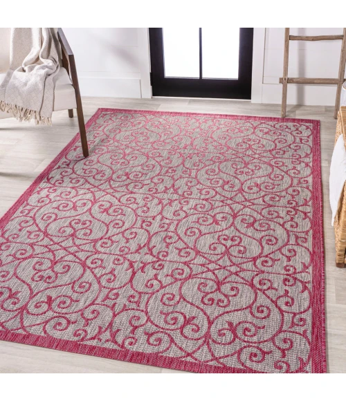Madrid Vintage Filigree Textured Weave Light Gray/Fuchsia 9 ft. x 12 ft. Indoor/Outdoor Area Rug