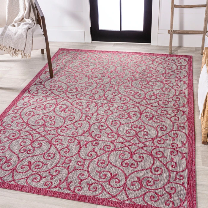 Madrid Vintage Filigree Textured Weave Light Gray/Fuchsia 4 ft. x 6 ft. Indoor/Outdoor Area Rug
