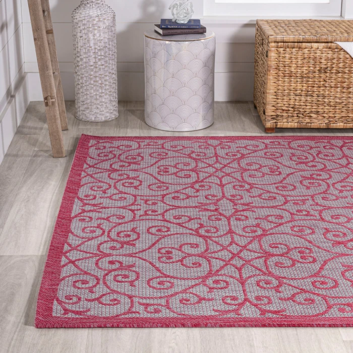 Madrid Vintage Filigree Textured Weave Light Gray/Fuchsia 4 ft. x 6 ft. Indoor/Outdoor Area Rug
