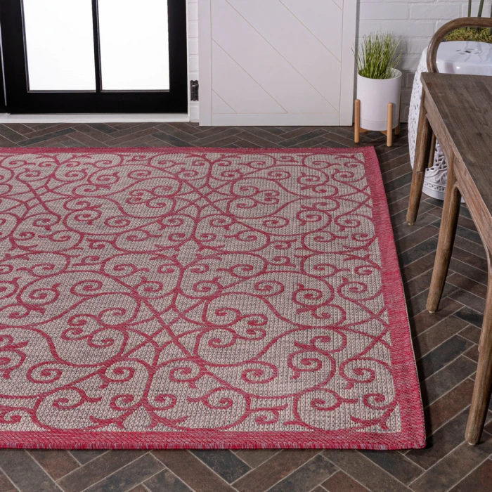 Madrid Vintage Filigree Textured Weave Light Gray/Fuchsia 4 ft. x 6 ft. Indoor/Outdoor Area Rug