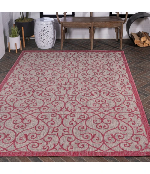 Madrid Vintage Filigree Textured Weave Light Gray/Fuchsia 9 ft. x 12 ft. Indoor/Outdoor Area Rug