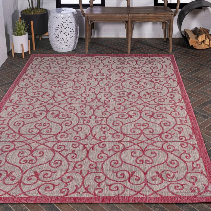 Madrid Vintage Filigree Textured Weave Light Gray/Fuchsia 4 ft. x 6 ft. Indoor/Outdoor Area Rug