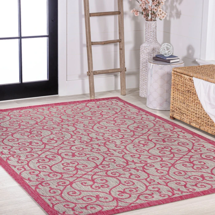 Madrid Vintage Filigree Textured Weave Light Gray/Fuchsia 4 ft. x 6 ft. Indoor/Outdoor Area Rug