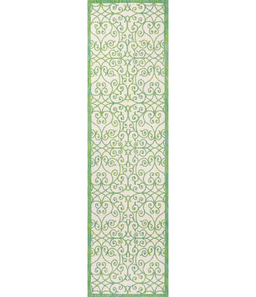 Madrid Vintage Filigree Textured Weave Cream/Green 2 ft. x 10 ft. Indoor/Outdoor Runner Rug