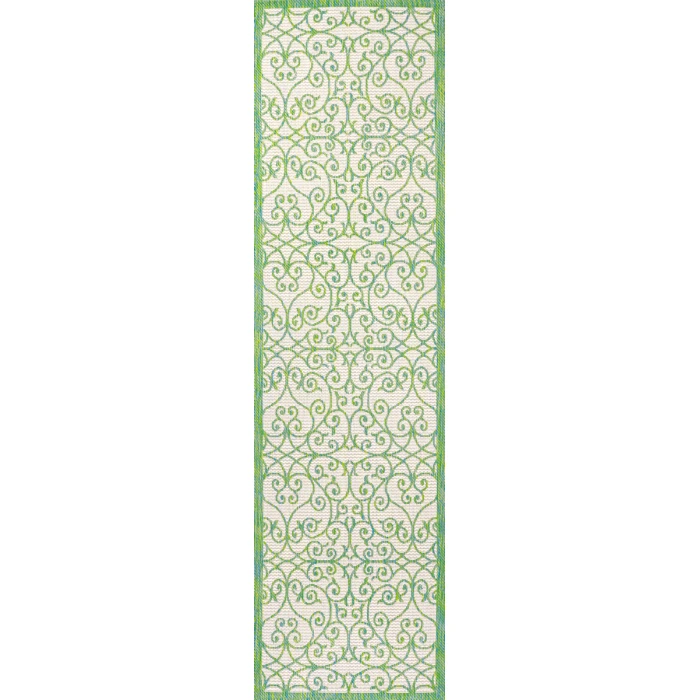 Madrid Vintage Filigree Textured Weave Cream/Green 2 ft. x 10 ft. Indoor/Outdoor Runner Rug