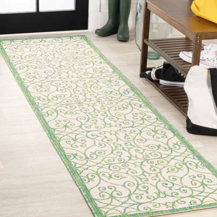 Madrid Vintage Filigree Textured Weave Cream/Green 2 ft. x 10 ft. Indoor/Outdoor Runner Rug