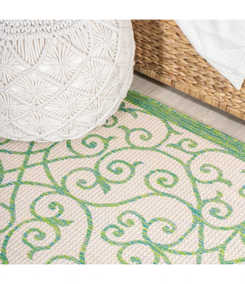 Madrid Vintage Filigree Textured Weave Cream/Green 2 ft. x 10 ft. Indoor/Outdoor Runner Rug