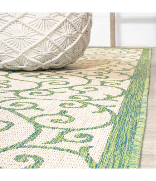 Madrid Vintage Filigree Textured Weave Cream/Green 2 ft. x 10 ft. Indoor/Outdoor Runner Rug