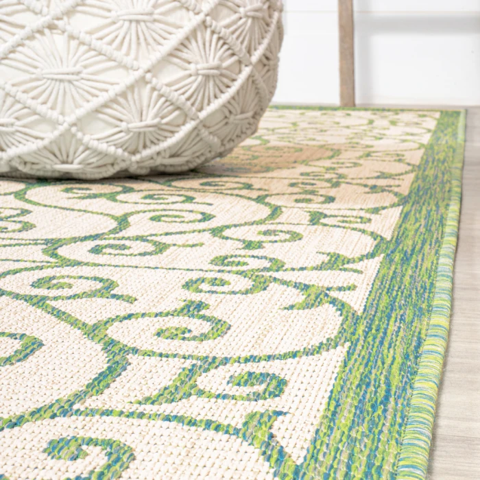 Madrid Vintage Filigree Textured Weave Cream/Green 5' Round Indoor/Outdoor Area Rug