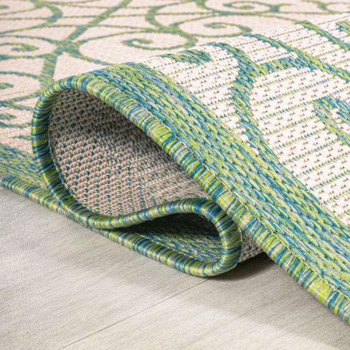 Madrid Vintage Filigree Textured Weave Cream/Green 5' Round Indoor/Outdoor Area Rug