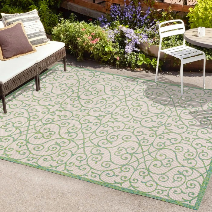 Madrid Vintage Filigree Textured Weave Cream/Green 3 ft. x 5 ft. Indoor/Outdoor Area Rug