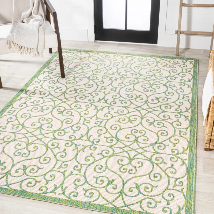 Madrid Vintage Filigree Textured Weave Cream/Green 3 ft. x 5 ft. Indoor/Outdoor Area Rug