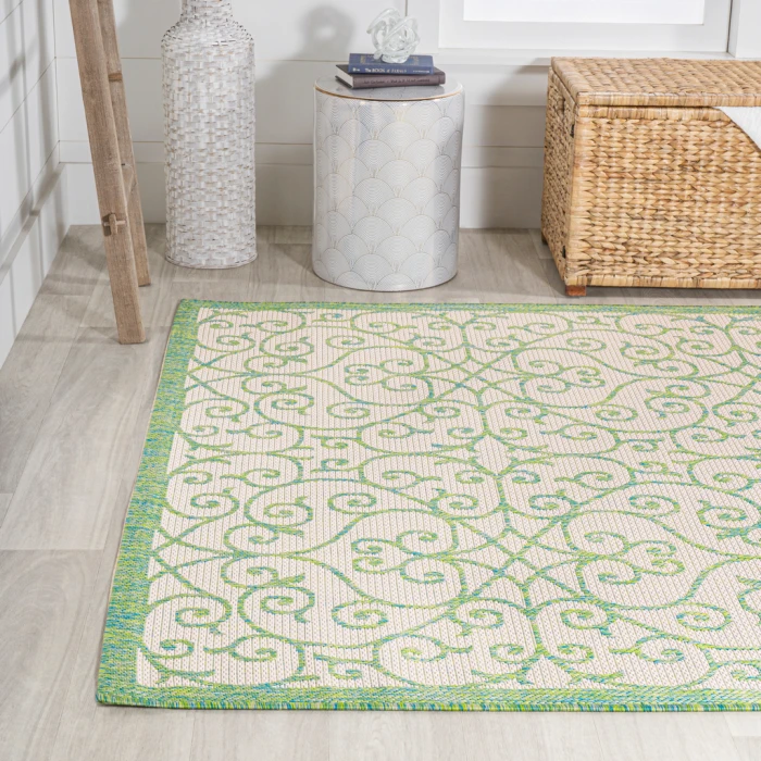 Madrid Vintage Filigree Textured Weave Cream/Green 3 ft. x 5 ft. Indoor/Outdoor Area Rug