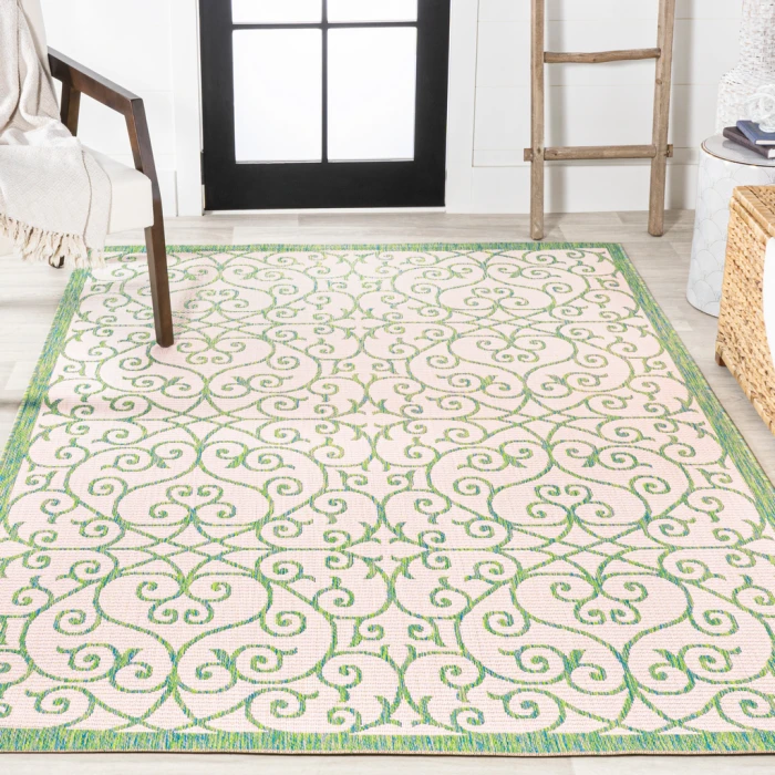 Madrid Vintage Filigree Textured Weave Cream/Green 3 ft. x 5 ft. Indoor/Outdoor Area Rug