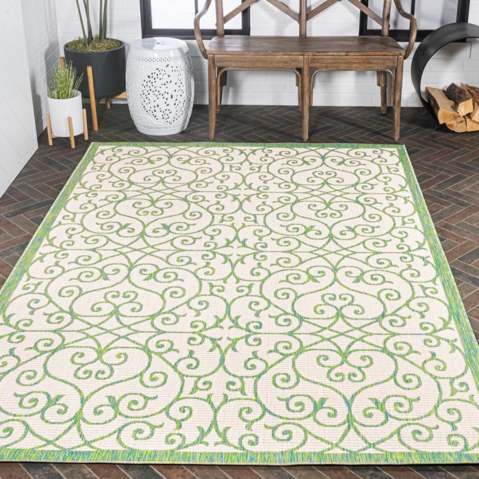 Madrid Vintage Filigree Textured Weave Cream/Green 3 ft. x 5 ft. Indoor/Outdoor Area Rug