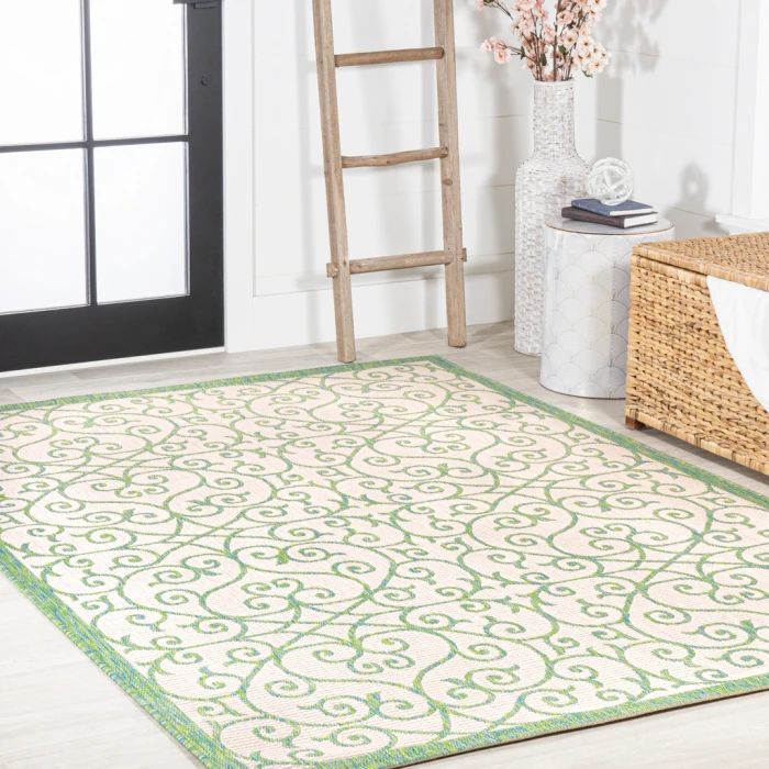 Madrid Vintage Filigree Textured Weave Cream/Green 3 ft. x 5 ft. Indoor/Outdoor Area Rug