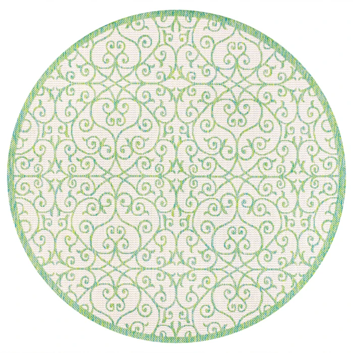 Madrid Vintage Filigree Textured Weave Cream/Green 5' Round Indoor/Outdoor Area Rug