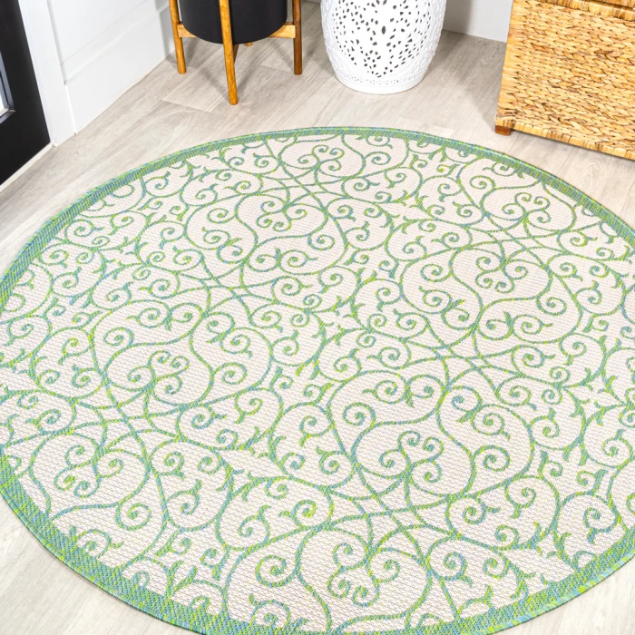 Madrid Vintage Filigree Textured Weave Cream/Green 5' Round Indoor/Outdoor Area Rug