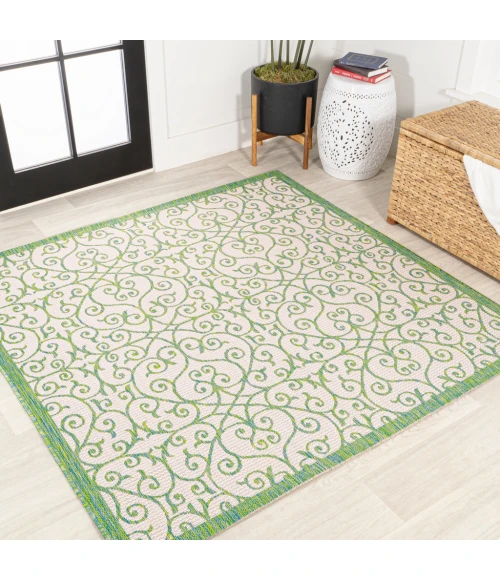 Madrid Vintage Filigree Textured Weave Cream/Green 5' Square Indoor/Outdoor Area Rug