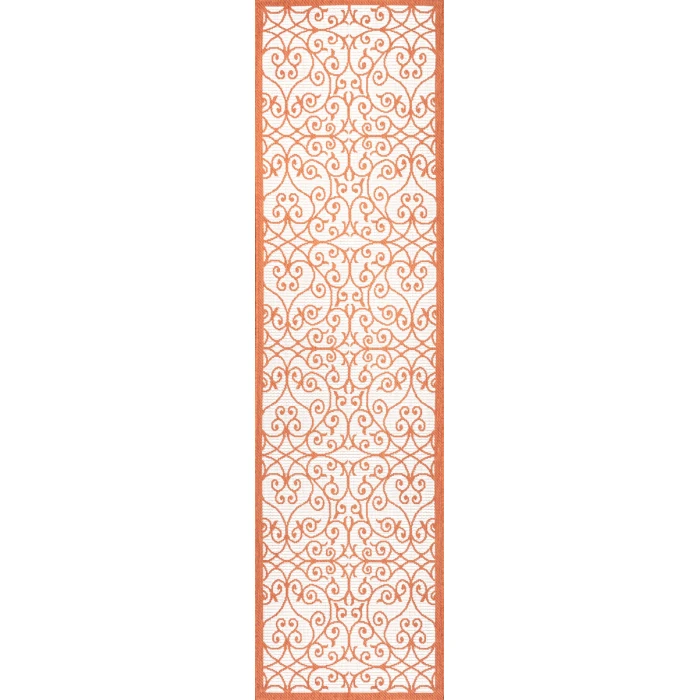 Madrid Vintage Filigree Textured Weave Cream/Orange 2 ft. x 10 ft. Indoor/Outdoor Runner Rug