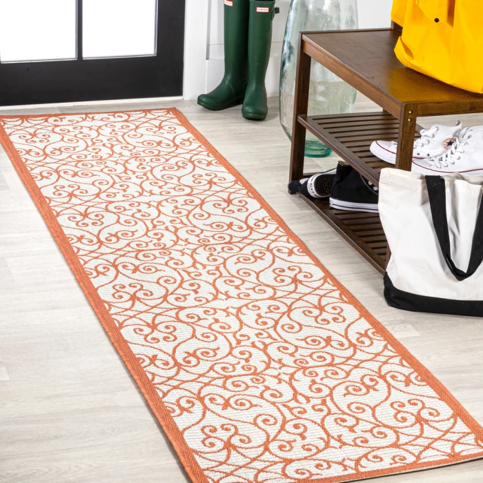 Madrid Vintage Filigree Textured Weave Cream/Orange 2 ft. x 10 ft. Indoor/Outdoor Runner Rug