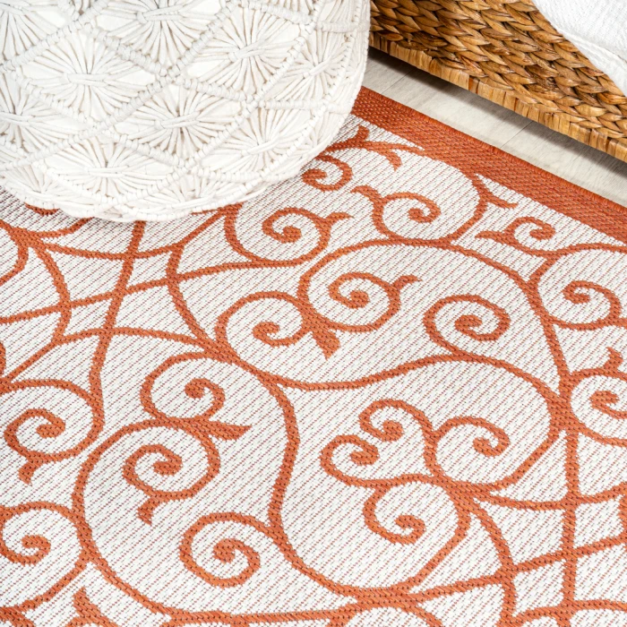 Madrid Vintage Filigree Textured Weave Cream/Orange 5' Square Indoor/Outdoor Area Rug