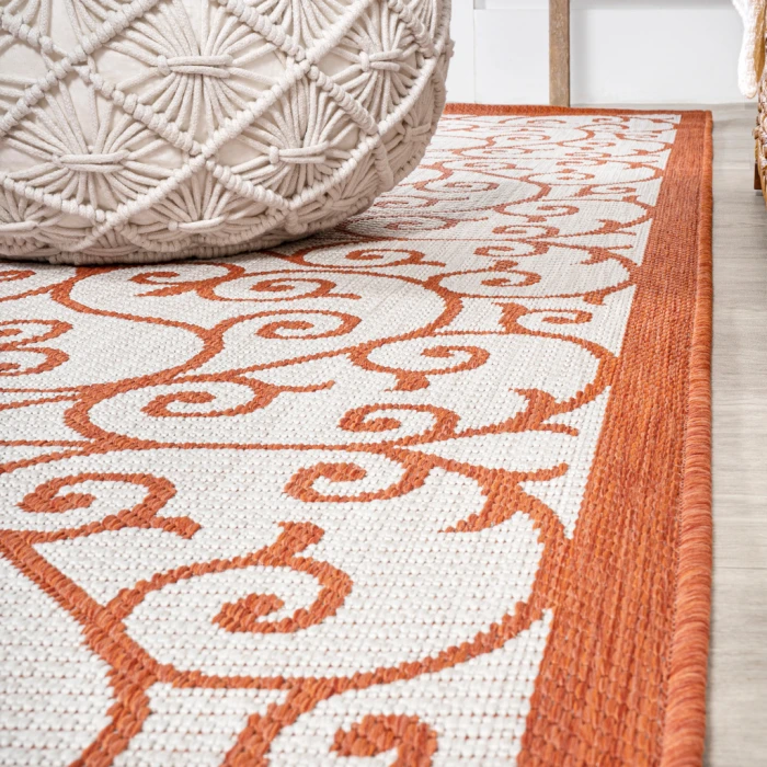 Madrid Vintage Filigree Textured Weave Cream/Orange 5' Square Indoor/Outdoor Area Rug