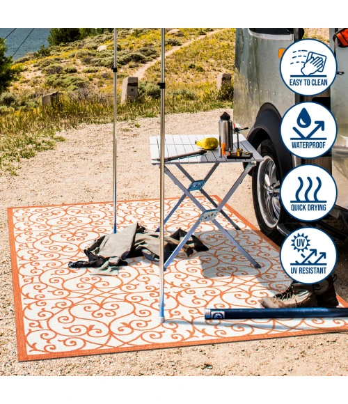 Madrid Vintage Filigree Textured Weave Cream/Orange 5' Square Indoor/Outdoor Area Rug