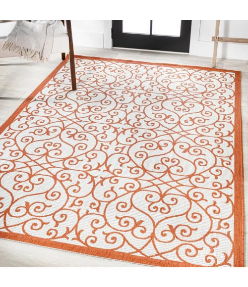 Madrid Vintage Filigree Textured Weave Cream/Orange 8 ft. x 10 ft. Indoor/Outdoor Area Rug