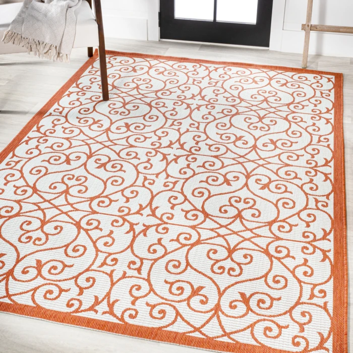 Madrid Vintage Filigree Textured Weave Cream/Orange 9 ft. x 12 ft. Indoor/Outdoor Area Rug