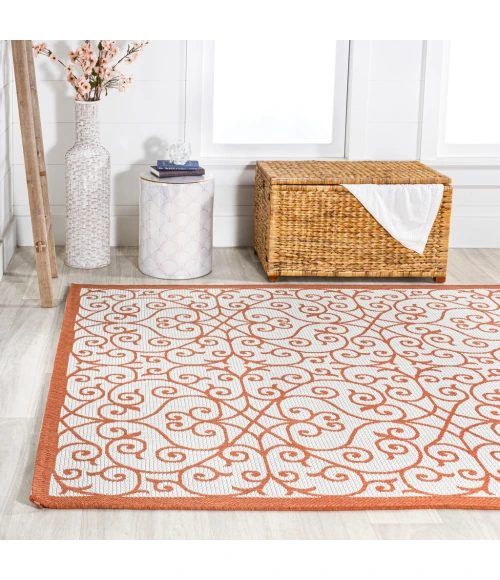 Madrid Vintage Filigree Textured Weave Cream/Orange 8 ft. x 10 ft. Indoor/Outdoor Area Rug