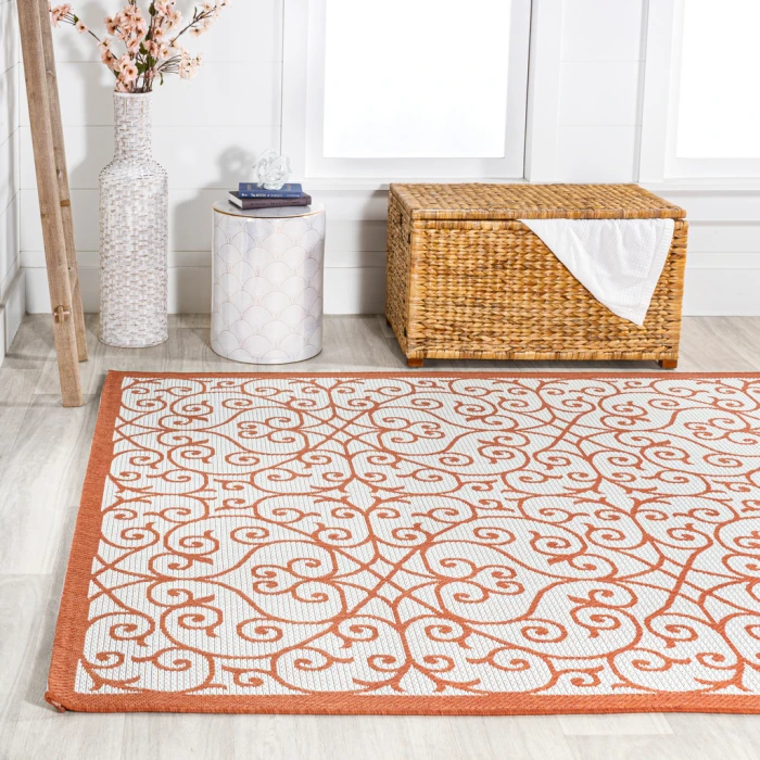 Madrid Vintage Filigree Textured Weave Cream/Orange 9 ft. x 12 ft. Indoor/Outdoor Area Rug