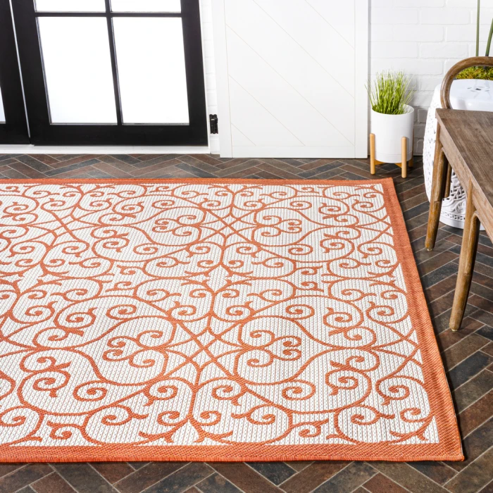 Madrid Vintage Filigree Textured Weave Cream/Orange 9 ft. x 12 ft. Indoor/Outdoor Area Rug