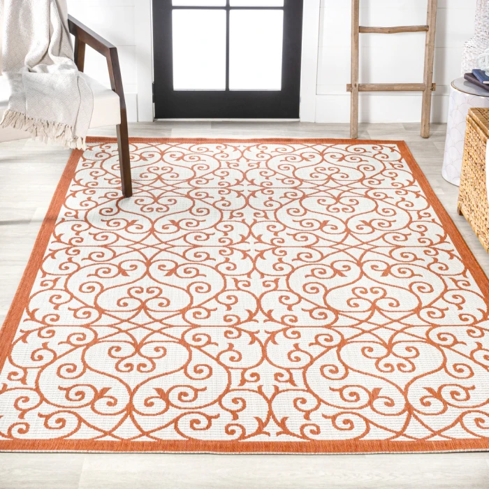 Madrid Vintage Filigree Textured Weave Cream/Orange 9 ft. x 12 ft. Indoor/Outdoor Area Rug