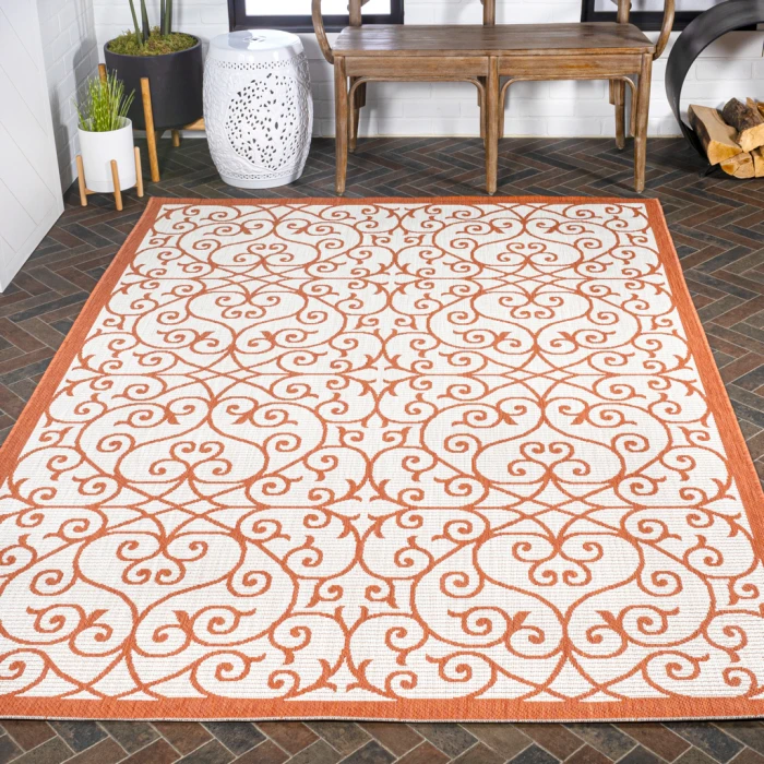 Madrid Vintage Filigree Textured Weave Cream/Orange 9 ft. x 12 ft. Indoor/Outdoor Area Rug
