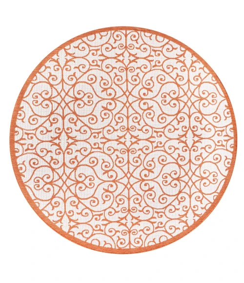 Madrid Vintage Filigree Textured Weave Cream/Orange 5' Round Indoor/Outdoor Area Rug