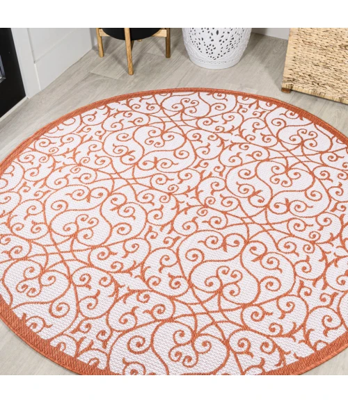Madrid Vintage Filigree Textured Weave Cream/Orange 5' Round Indoor/Outdoor Area Rug